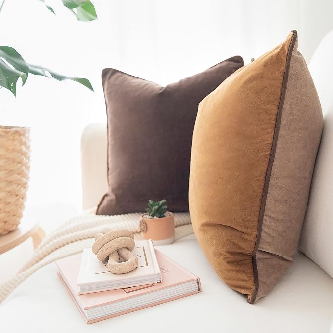 MONDAY MOOSE Decorative Throw Pillow Covers Cushion Cases, Set of 2 Soft Velvet Modern Double-Sided Designs, Mix and Match for Home Decor, Pillow Inserts Not Included (16x16 inch, Brown/Beige)