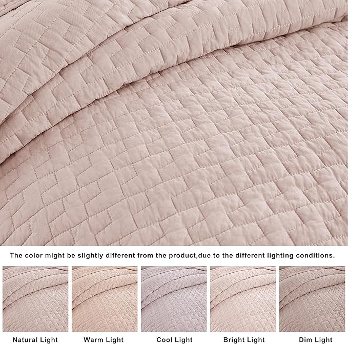palassio Pink 100% Cotton Quilt King Size Bedding Sets with 2 Pillow Shams, Textured Lightweight Soft Bedspread Shabby Chic Coverlet, Quilted Comforter Bed Cover for All Season, 3 Pieces