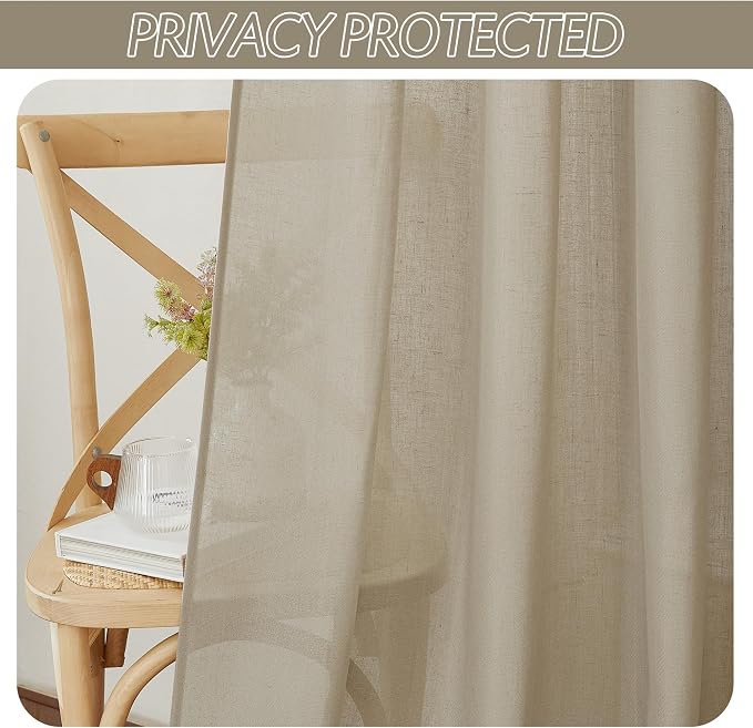 RYB HOME Linen Sheer Curtains 2 Panels for Living Room, Semi Transparent Privacy Drapes with Rod Pocket Farmhouse Style Window Treatments for Bedroom, Taupe, 52" W x 102" L