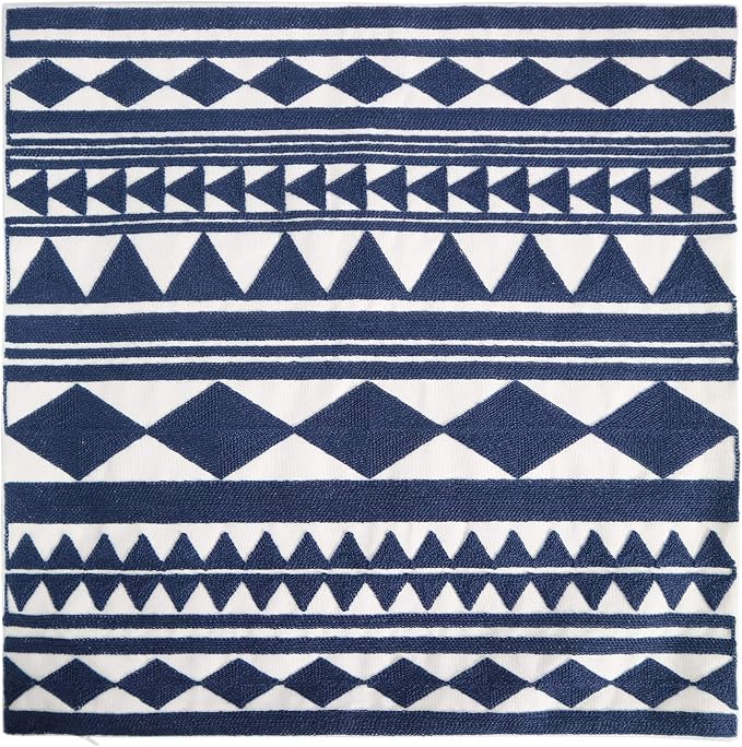 Embroidery Throw Pillow Cover 18x18 Home Décor Navy Blue Geometric Cushion Cover Diamond Triangle Pillow Case Floor Pillow Cover for Couch Sofa Chair 100% Cotton 45x45cm, 1 Piece