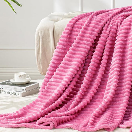 BEDELITE Ribbed Jacquard Hot Pink Fleece Twin Blanket for Bed, 60x80 Inch | Soft Warm Decorative Fluffy Blanket, Cozy Plush Lightweight Fuzzy Throw Blanket for Couch Sofa Room Decor, Gift for Women