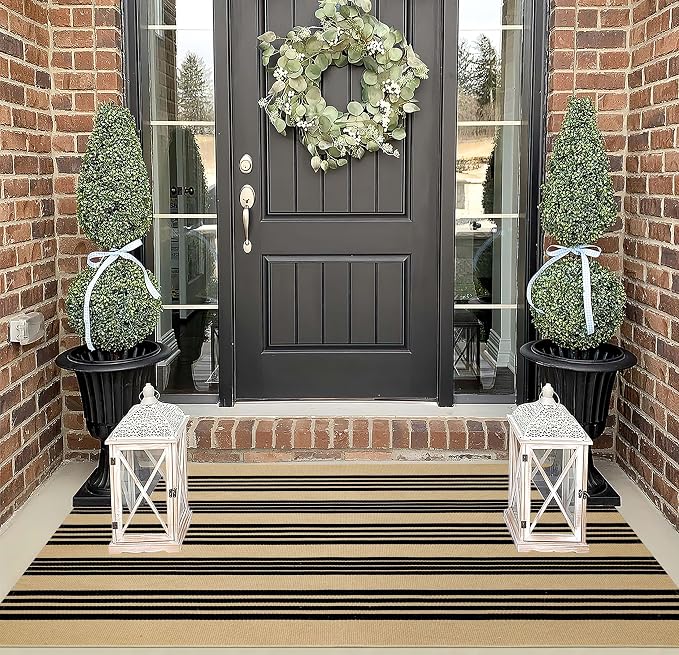 BUAGETUP Outdoor Rug 3'x 5',Khaki and Black Striped Area Rug Cotton Woven Washable Rug Indoor/Outdoor Area Rug Floor Mat for Farmhouse Living Room Bedroom