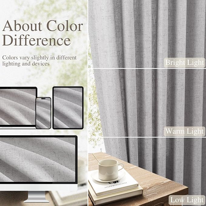 Extra Long Linen Curtains for Bedroom 108 Inch Length 2 Panels Set Privacy Floor to Ceiling Textured Translucent with Elegant Farmhouse Semi Sheer Drapes for Bedroom Gery W52 x L108