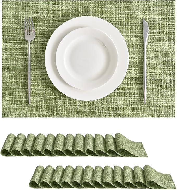 Leetaltree Bean Green Woven Placemats Set of 24 - Heat Resistant Non-Slip Place Mats for Dining Table, Washable Durable PVC Table Mats(Bean Green, 24)