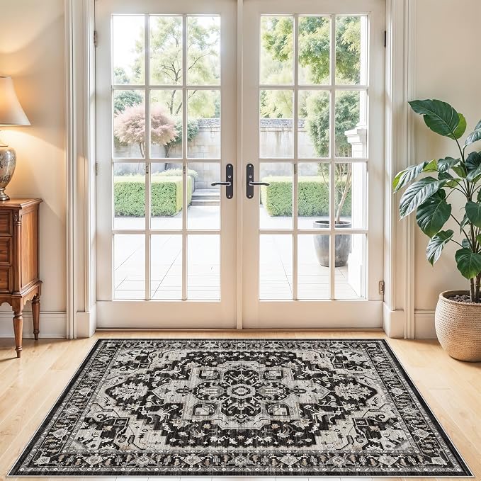 Non-Slip Washable 3x4 Entryway Rug - Boho Low Pile Throw Rugs for Kitchen Entrance Bedroom Soft Thin Area Rugs for Hallway Front Door Bathroom Vintage Distressed Home Decor (Black/Beige/Grey,3x4)