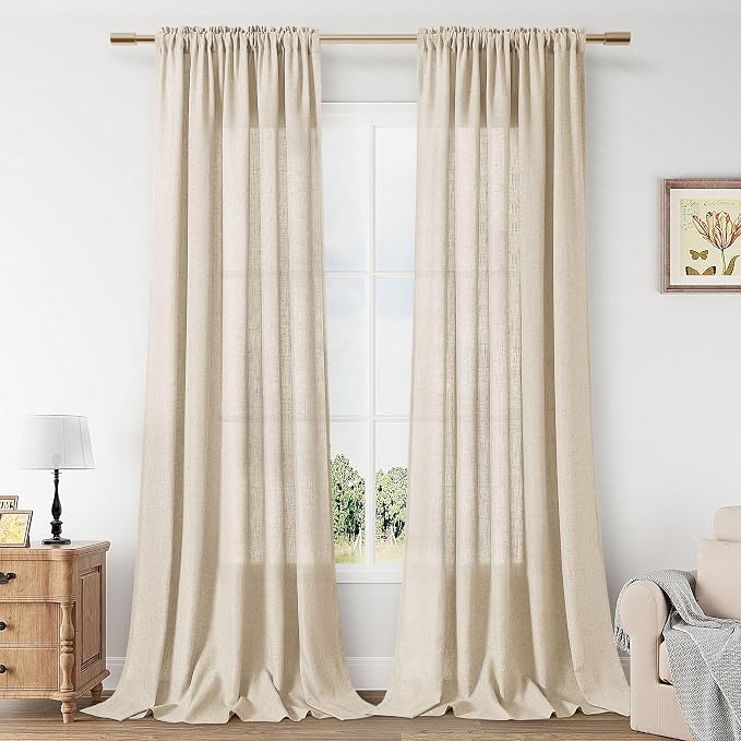 Linen Curtains 90 Inch Length for Living Room Bedroom 2 Panels Set Rod Pocket Light Filtering Semi Sheer Window Curtains 52 Inch Width Boho Farmhouse Drapes Flax Beige Linen, W52xL90
