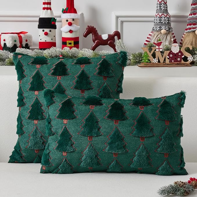 UGASA Christmas Tree Pillow Covers 18x18 Inch Set of 2 Soft Plush Faux Fur Luxury Embroidery Decoration Pillowcases for Couch Sofa Holiday Festivals Winter Xmas Gift, Dark Green & Red