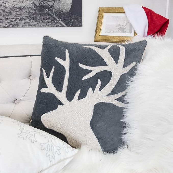 Applique Gray Velvet Throw Pillow Cover, Merry Christmas Series Reindeer Horn Luxury Soft Fuzzy Cozy Warm Slik Decorative Gift Square Couch Cushion Pillow Case 20 x 20 Inch, Cover Only