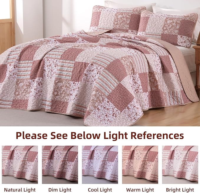 Mybedsoul Pink Boho Quilt King Size, Patchwork Reversible Bedding Set | Soft Lightweight Microfiber Floral Coverlet Set, 3 Pieces Plaid Bedspread, Bed Sets for All Seasons 90"x110"