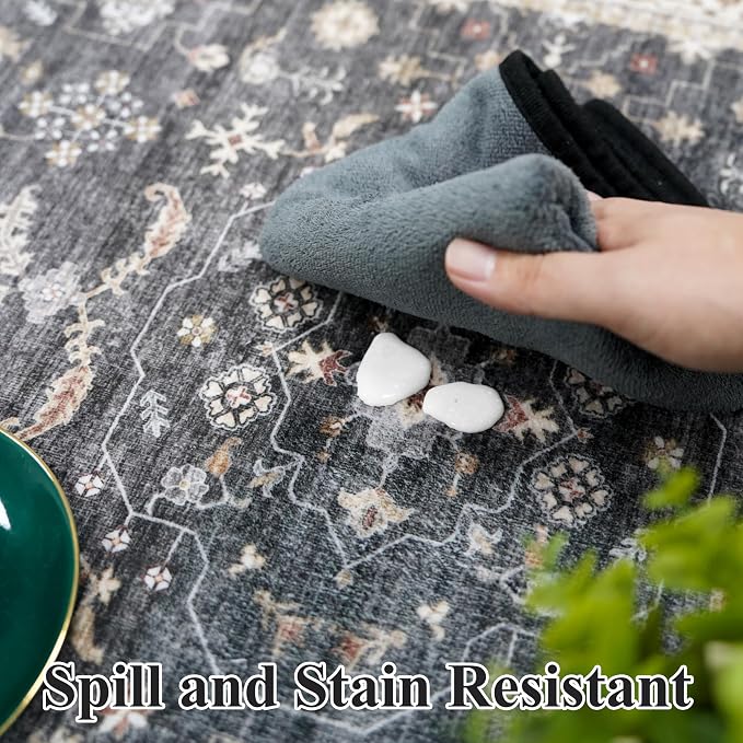 Hallway Washable 2'6x12 Runner Rug - Vintage Kitchen Rugs Non-Slip Soft Thin Farmhouse Carpet for Entryway Low Pile Indoor Floor Decor Mat for Bathroom Living Room Bedroom (Black/Multi,2'6"x12')