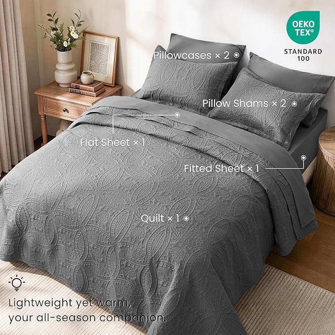 Love's cabin King Quilt Set Grey, Bed in a Bag King Size Bedding 7 Pieces, Ultrasonic Embossed Coin Pattern Comforter, Lightweight Bedspreads for All Seasons Quilt with Sheets, Pillowcases & Shams