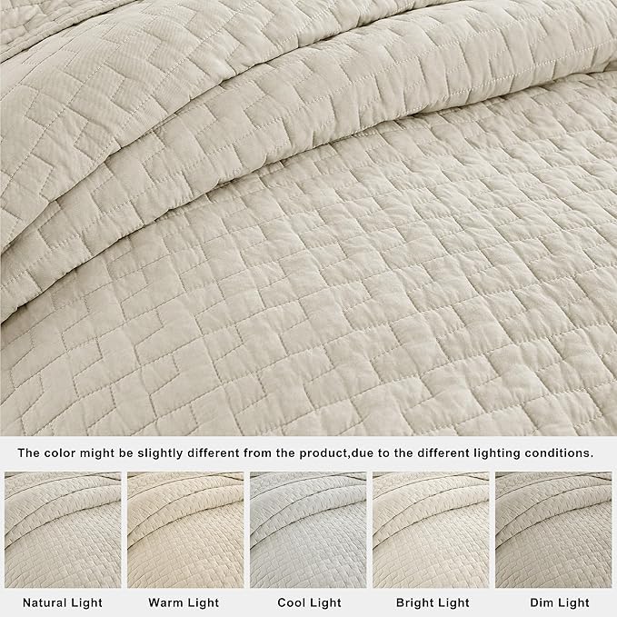 palassio Beige 100% Cotton Quilt King Size Bedding Sets with 2 Pillow Shams, Textured Lightweight Soft Bedspread Shabby Chic Coverlet, Neutral Quilted Comforter Bed Cover for All Season, 3 Pieces