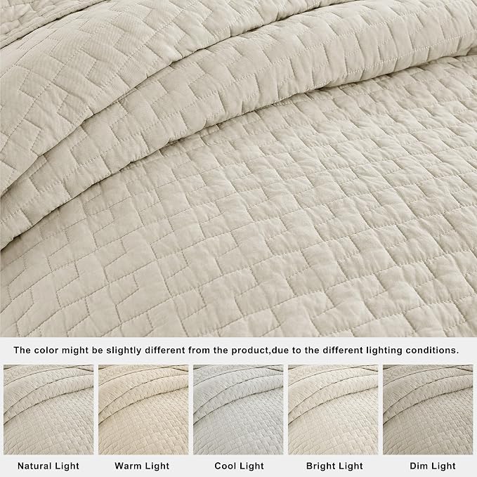 palassio Beige 100% Cotton Quilt California Cal King Size Bedding Sets with 2 Pillow Shams, Textured Oversized Lightweight Bedspread Shabby Chic Coverlet, Soft Bed Cover for All Season, 3 Pieces
