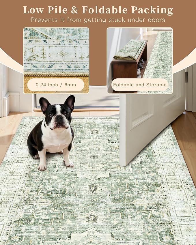 Madane Hallway Runner Rug 2x8 Washable Kitchen Rugs Non-Slip, Green/Ivory | Vintage Machine Washable Low-Pile Floor Carpet 8ft, Soft Ultra-Thin Throw Entry Foyer Mat for Entrance Laundry Living Room