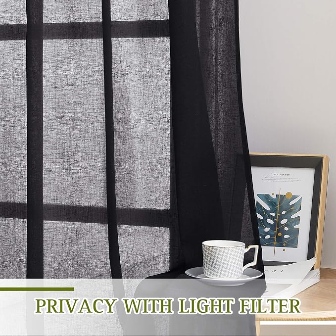 NICETOWN Black Semitransparent Sheer Curtains for Windows, Grommet Linen Blend Flax Durable Sheer Window Drapes Privacy Light Reducing Panels for Bedroom/Guest Room, W52 x L63, 2 Panels