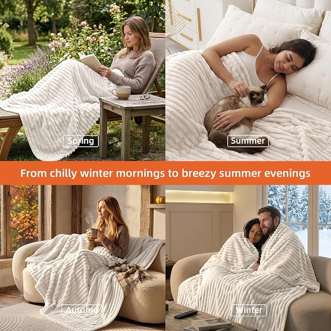White Fleece Throw Blanket Queen Size Soft Flannel Lightweight