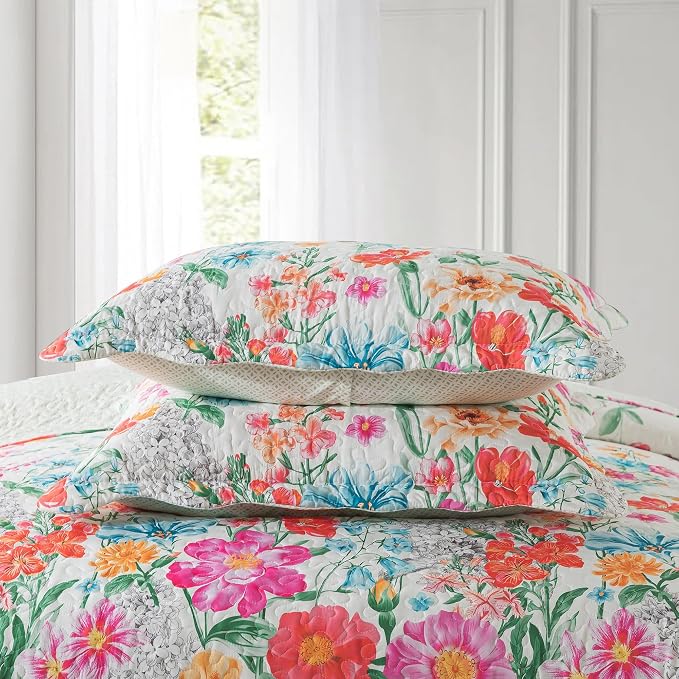 NEWLAKE Quilt Bedspread Sets- Dreamy Flowers Reversible Coverlet Set,Queen Size
