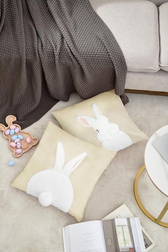 Pack of 2 Spring Easter Pillow Covers 18x18 Inch,3D Embroidered Bunny Rabbit Pillowcase Throw Covers Velvet Easter Decorative Cushion Cover (Beige-2PCS)