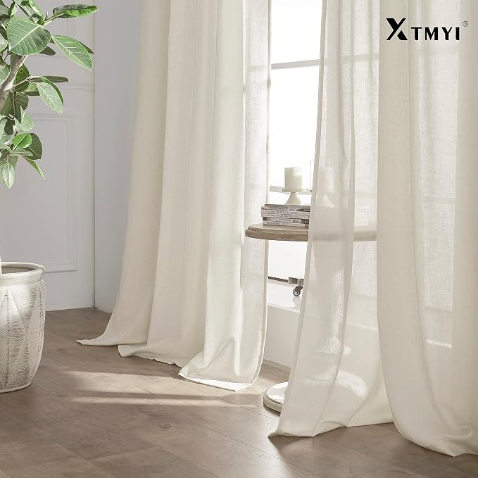 XTMYI 70 x 63 Inch Length Living Room Curtains,Linen Short Wide Bay Window Curtains for Bedroom,Set of 2 Panels,70x63 in Long,Cream Ivory