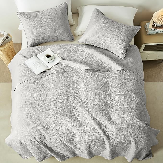 akkialla Quilts Queen Size,Light Grey Ultrasonic Full/Queen Quilt Set,Lightweight Soft Bedspread Coverlet,Modern Style Coin Pattern Bed Cover for All Seasons,3 Piece(1 Quilt,2 Pillow Shams)