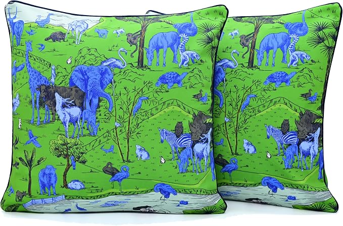 Balios Velvet Pillow Covers Cases 18 x 18 Inch, Set of 2, Double-Layered Decorative Cushion Covers 45 x 45 cm for Sofa Couch Bedroom Living Room, Animal Kingdom Multicoloured Green