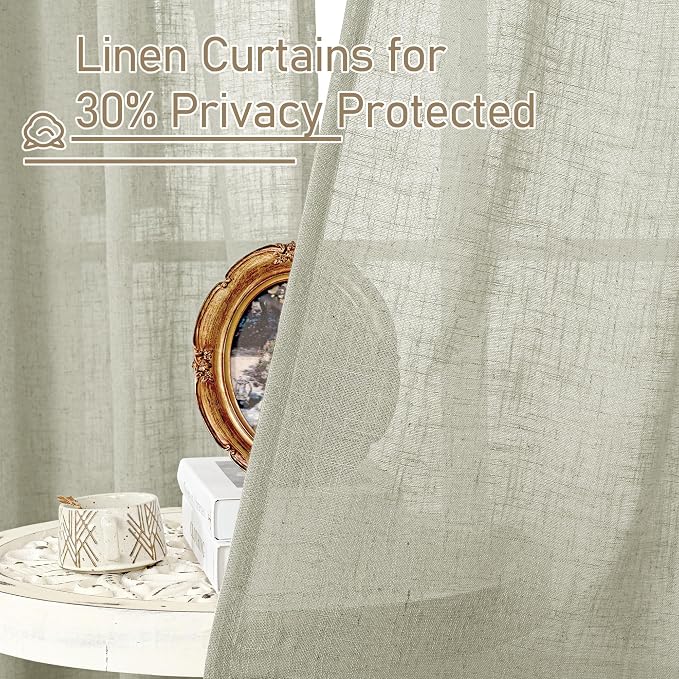 Sage Grey Semi Sheer Linen Curtains 45 Inches Long 2 Panels | Light Filtering Panels, Neutral Drapes for Kitchen, Window Treatment, Bedroom, Rod Pocket Back Tab, 52 x 45 Inch