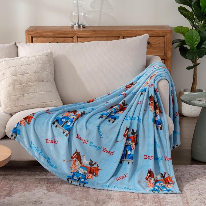 Berkshire Blanket - Officially Licensed Little Blue Truck Throw Made with Signature VelvetLoft® Fabric, Pet-Friendly and Cozy Throw, 50 in x 60 in, Little Blue Truck - Beep Beep Beep Blue