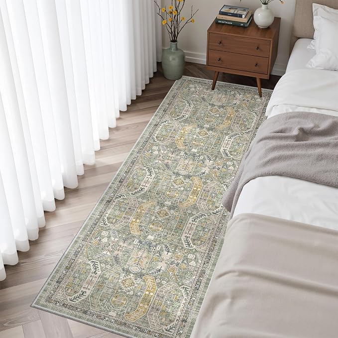 Madane Washable Runner Rug 2x6 Runners for Hallways Non Slip, Green/Gold | Vintage Stain-Resistant 6 Feet Kitchen Rug, Soft Low-Pile Ultra-Thin Floor Carpet Mat for Bathroom Laundry Room Bedroom 2x6ft