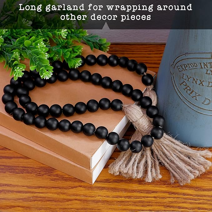 Farmhouse Wood Bead Garland Home Decor, Natural Wooden Garland Tiered Tray