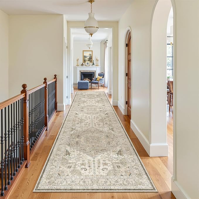 Madane Hallway Runner Rug 3x12 Washable Kitchen Runners 12ft, Ivory/Brown | Vintage Non Slip Area Rugs for Hallways, Soft Low-Pile Thin Farmhouse Wide Floor Carpet for Entryway Foyer Bathroom Bedroom