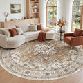 Madane Washable 8ft Circle Round Rug, 8x8 Circular Area Rugs, Turmeric/Grey | Non-Slip Vintage Floor Carpet for Living Room Dining Room, Low Pile Home Decor Mat For Bedroom Office Under Table