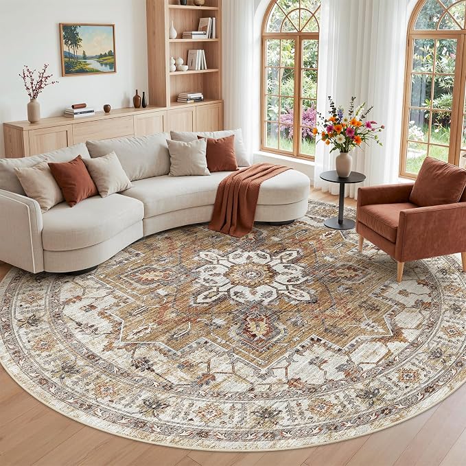 Madane Washable 8ft Circle Round Rug, 8x8 Circular Area Rugs, Turmeric/Grey | Non-Slip Vintage Floor Carpet for Living Room Dining Room, Low Pile Home Decor Mat For Bedroom Office Under Table