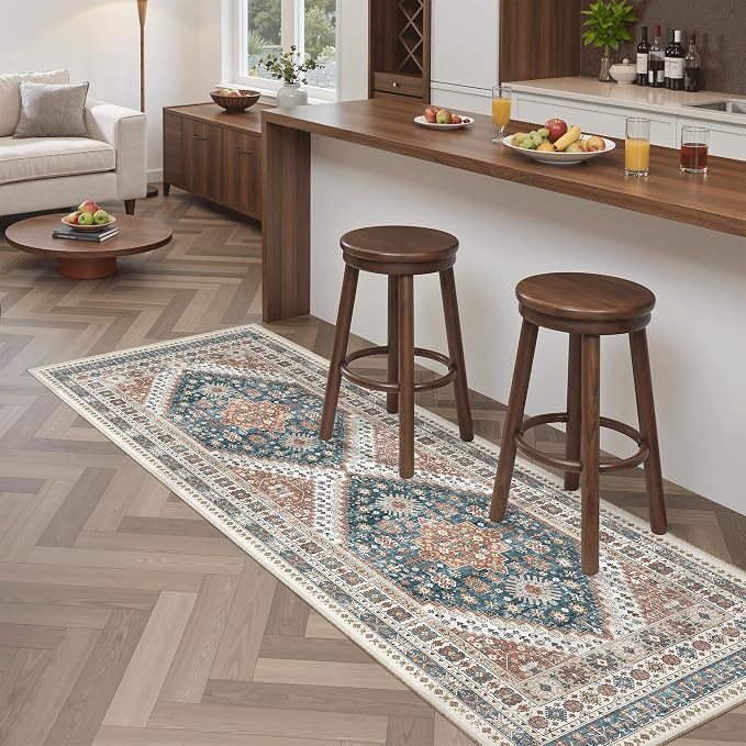 Madane Washable Runner Rug 2x6 Runners for Hallways Non Slip, Navy Blue | Vintage Stain-Resistant 6 Feet Kitchen Rug, Soft Low-Pile Ultra-Thin Floor Carpet Mat for Bathroom Laundry Room Bedroom 2x6ft