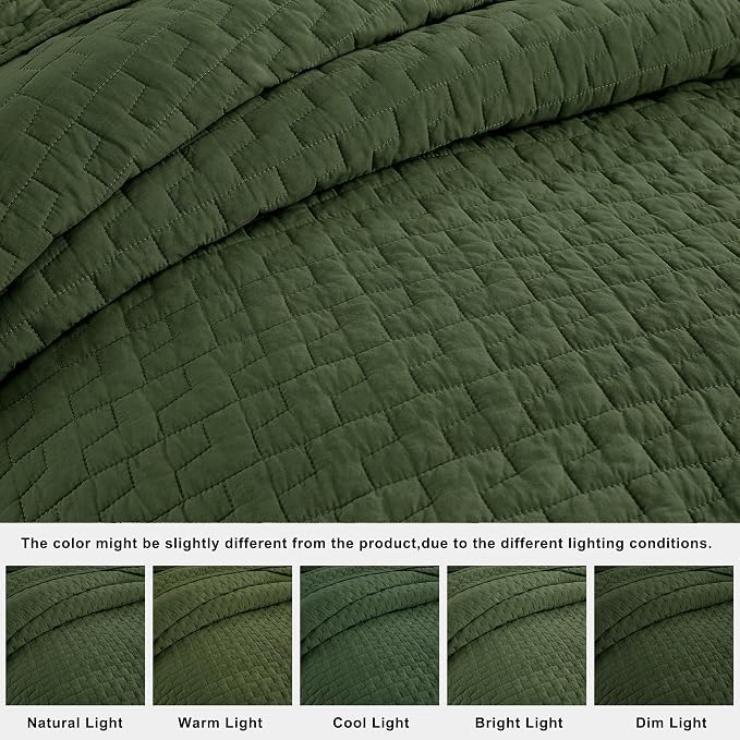 palassio Olive Green 100% Cotton Quilt King Size Bedding Sets with 2 Pillow Shams, Textured Lightweight Soft Bedspread Shabby Chic Coverlet, Quilted Comforter Bed Cover for All Season, 3 Pieces
