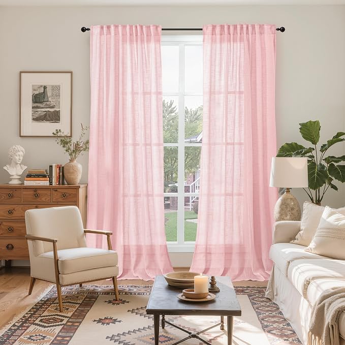 YoungsTex Light Pink Linen Semi Sheer Curtains 84 Inch Length for Living Room, Light Filtering Window Treatments Textured with Rod Pocket Back Tab for Girl Kids Bedroom, 2 Panels, 52 X 84 Inch