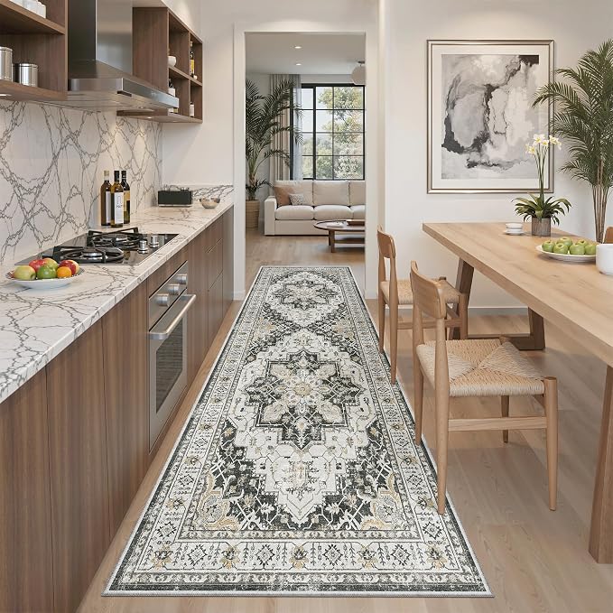 Madane Kitchen Runner 2'6''x8' Soft Rug Runners for Hallways, Black | Vintage Machine Washable Rugs 2.5x8 Ft, Non-Slip Low Pile Stain-Resistant 8ft Floor Carpet for Laundry Room, Corridor