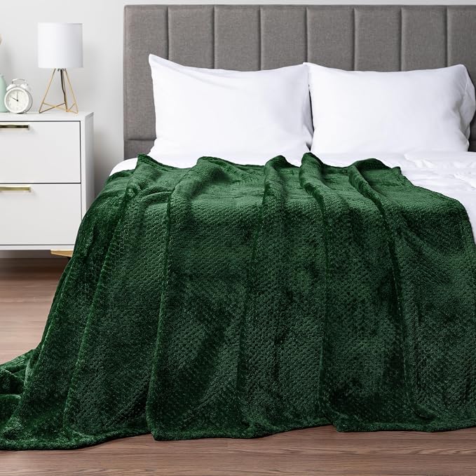 PAVILIA Emerald Green Fleece Throw Blanket for Couch Sofa Bed, Soft Fuzzy Waffle Jacquard Microfiber, Warm Lightweight Fade-Resistant Decorative All Season Throw, 60x80 Twin