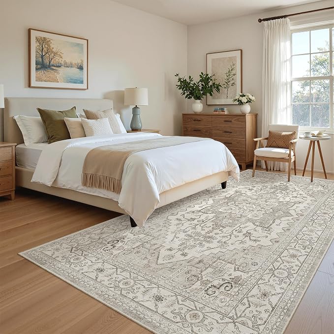 Madane 4x8 Wide Hallway Runner Rug Washable for Living Room, Beige/Brown | Soft Stain Resistant Ktichen Runners 8ft, Vintage Non Slip Low Pile Area Rugs, Thin Floor Carpet for Bathroom Dining Bedroom