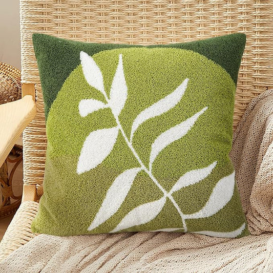Merrycolor Boho Decorative Throw Pillow Covers 18x18 Tufted Green Decorative Pillows Covers Leaf Mid Century Modern Throw Pillows for Bed Couch Sofa Living Room 1PC （Green and White ）