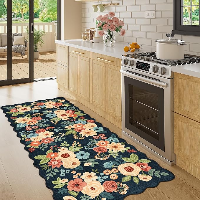 DUKINO 2x5 Washable Runner Rug, Floral Non Slip Kitchen Rug, Navy Blue | Soft, Low Pile, Non-Shedding Throw Rug Runner for Hallway, Entryway, Bedroom, Bathroom, Pet Friendly, Home Decor, Lightweight