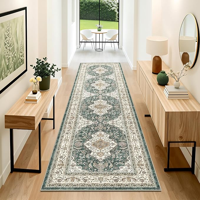 AooHHooA Boho Washable 2x8 Runner Rugs Green Non Slip Low Pile Vintage Runner Rug, Stain Resistant Soft Faux Wool Runners for Hallway Laundry Entryway Bedroom