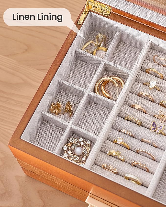 Lolalet Jewelry Box, Clear Window Wood Grain Jewelry Storage for Earrings Bracelets Necklaces Rings, High Capacity Organizer for Women, Valentine's Day Gift -Cherrywood, 3 Layers