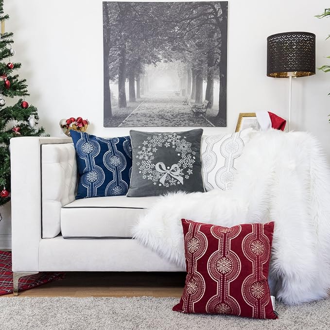 Embroidery Gray Velvet Throw Pillow Cover, Merry Christmas Series Snowflake Floral Wreath Luxury Soft Fuzzy Cozy Warm Slik Gift Square Couch Cushion Pillow Case 20 x 20 Inch, Cover Only