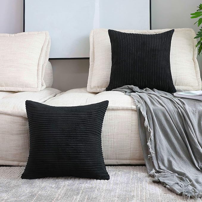 Home Brilliant Large Striped Corduroy Euro Sham Set of 2 Throw Pillow Covers Couch Papasan Cushion Cover for Floor, 24 x 24 inch, Black