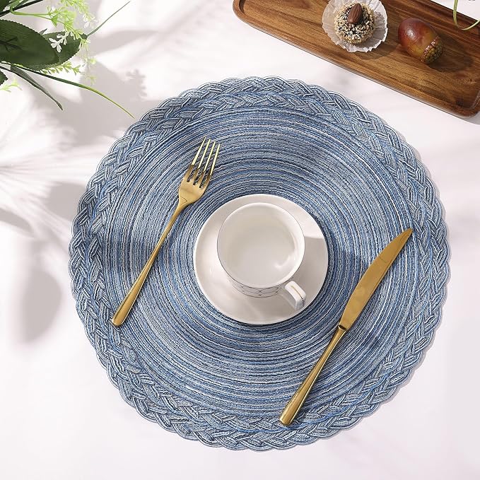 SHACOS Round Placemats Set of 6 Woven Kitchen Table Mats 15 inch Circle Braided Border Washable Cotton Polyester Place Mats, Multicolor Blue Grey