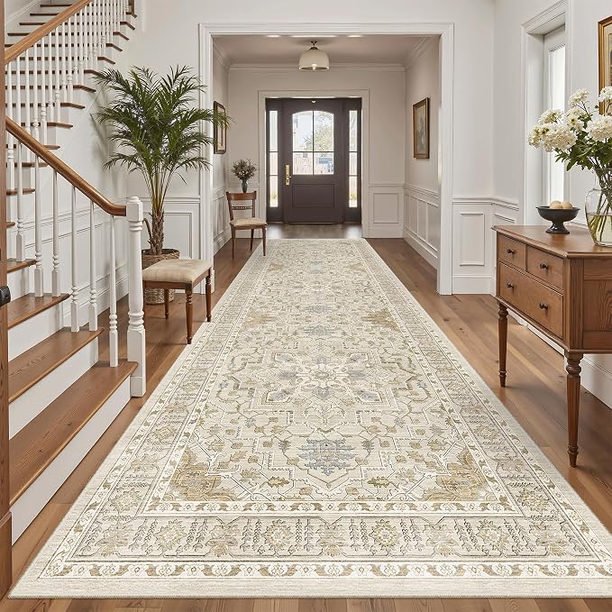 Madane 4x12 Wide Hallway Runner Rug Washable for Living Room, Beige/Blue | Soft Stain Resistant Ktichen Runners 12ft, Vintage Non Slip Low Pile Area Rugs, Thin Floor Carpet for Bathroom Dining Bedroom