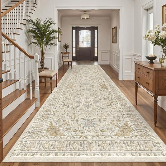 Madane 4x12 Wide Hallway Runner Rug Washable for Living Room, Beige/Blue | Soft Stain Resistant Ktichen Runners 12ft, Vintage Non Slip Low Pile Area Rugs, Thin Floor Carpet for Bathroom Dining Bedroom
