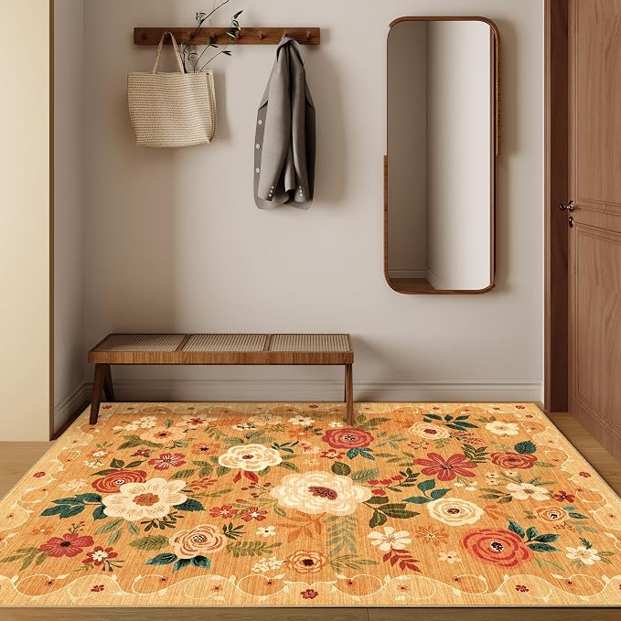 DUKINO 3x5 Area Rug, Floral Washable Rug for Bedroom Non Slip, Orange | Soft, Stain Resistant Low Pile Indoor Rug for Entryway, Bedroom, Bathroom, Living Room, Pet Friendly, Home Decor, Lightweight