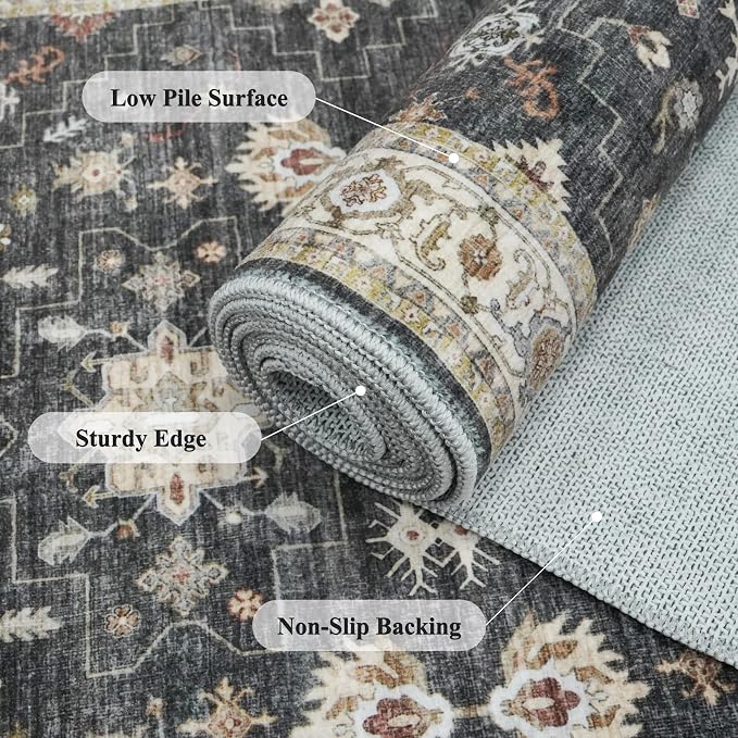3x20 Washable Hallway Runner Rug - Non-Slip Kitchen Rugs with Rubber Backing Vintage Low Pile Soft Thin Extra Long 20ft Carpet Runners for Indoor Entryway Living Room(Black/Multi,3x20)