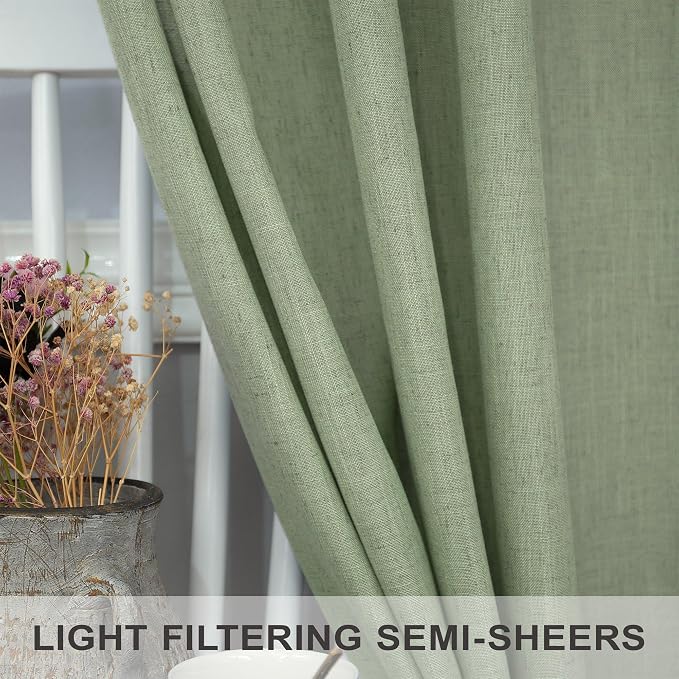 Pitalk Sage Green Curtains 102 Inches Long for Living Room 2 Panels Set Back Tab Pocket Boho Window Drape Semi Sheer Light Filtering Light Green Linen Curtain 102 Length for Bedroom Patio Sliding Door